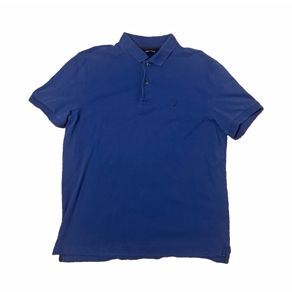 Nautica Men's XL Blue Solid Short Sleeve Collared Logo Cotton Knit Polo